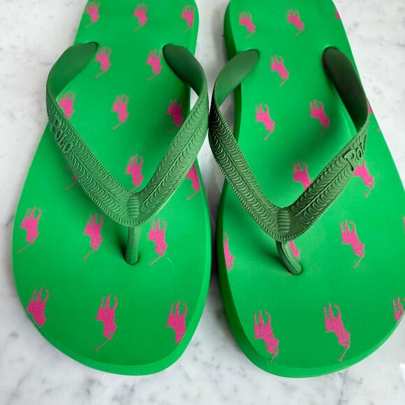 Ralph Lauren Flip Flops Green Pink Polo Pony Logo Women’s 5-6 - Picture 3 of 4